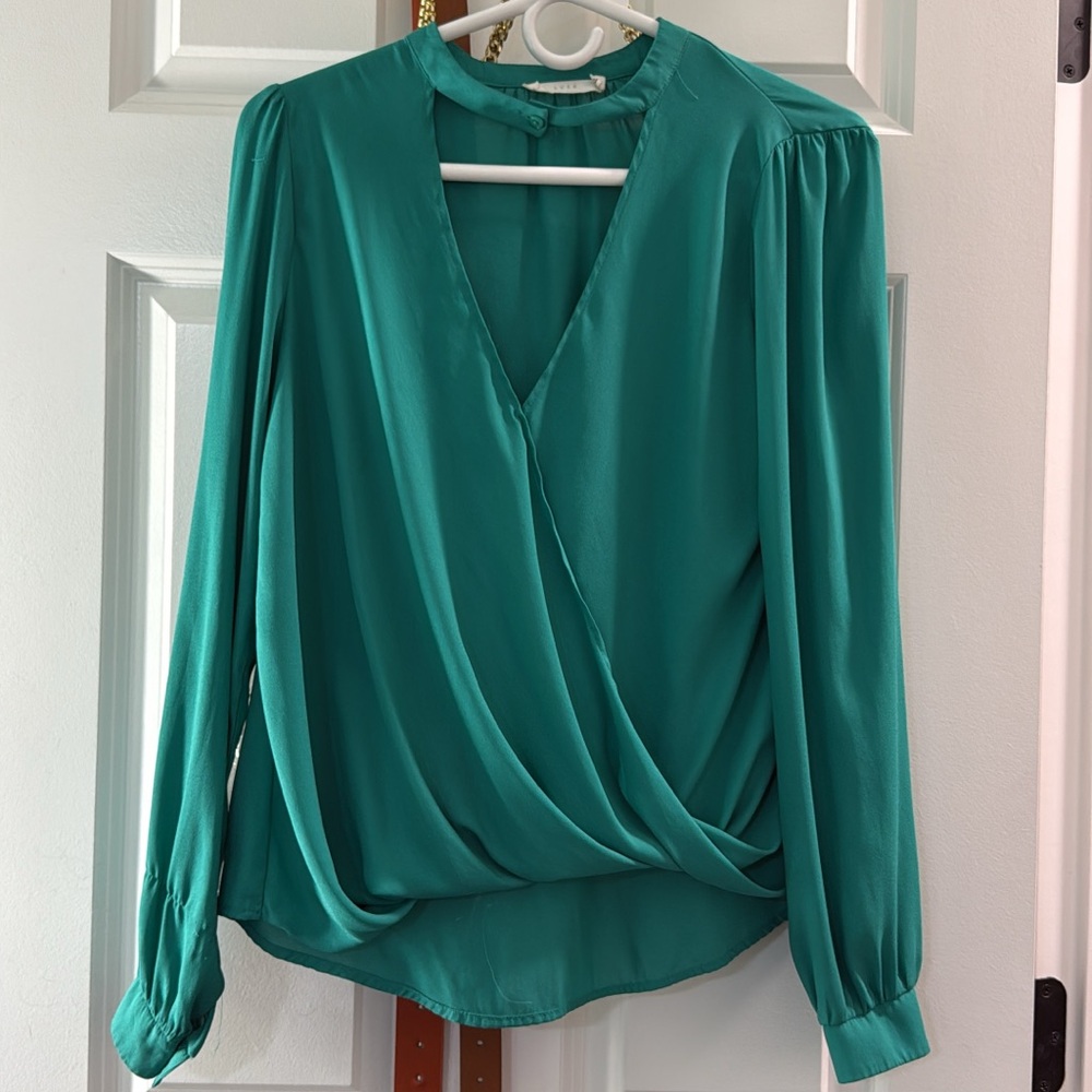 Green Wrap Blouse with Relaxed Sleeves